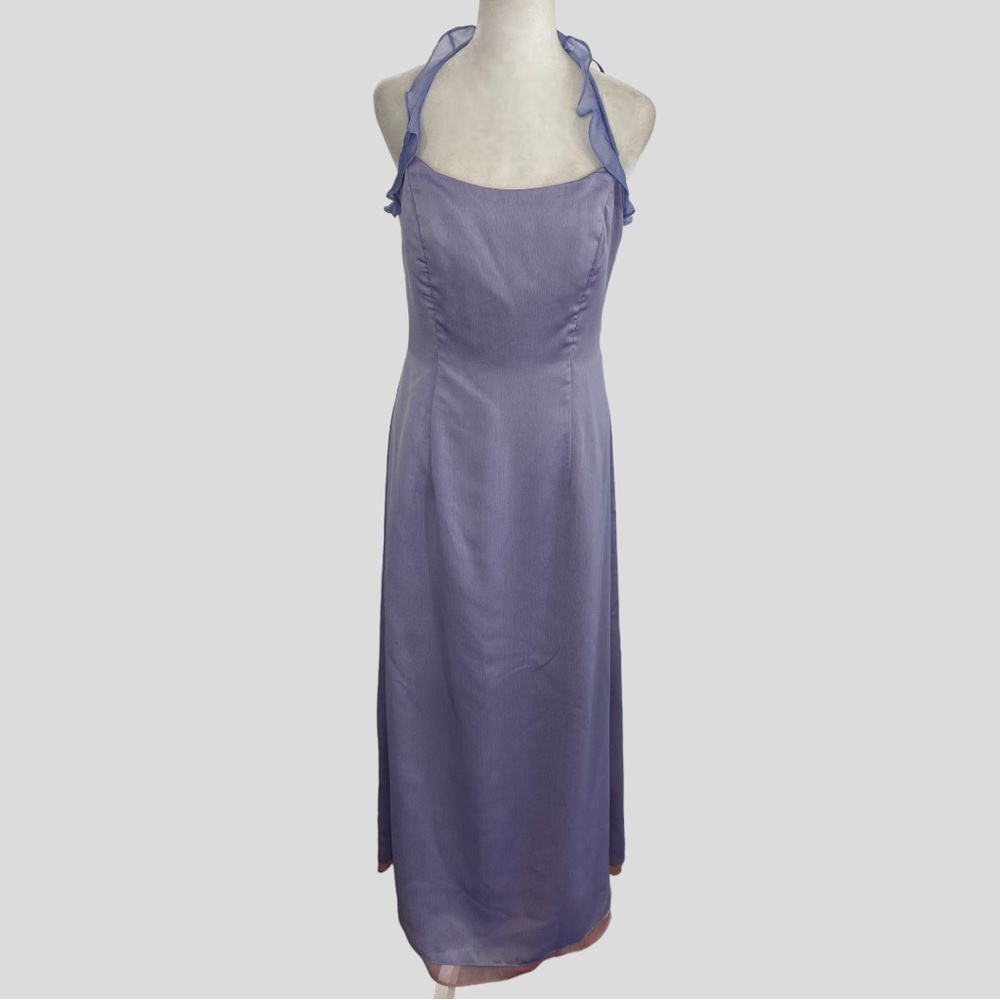 Vintage Y2K Lavender + Pastel Pink Chiffon Ruffle Halter Neck Maxi Dress
